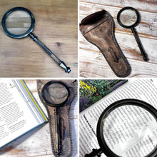 Load image into Gallery viewer, Nautical 20cm Brass Handheld Magnifying Glass with distressed leather pouch - maritime decor