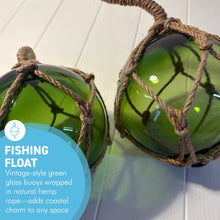 Load image into Gallery viewer, TWO DEEP GREEN GLASS FISHING FLOAT ORNAMENTAL SEA BUOY | hand blown | nautical seafaring fishing rustic décor | 10cm diameter | with rustic brown string netting and hanging loop | Japanese style glass fishing floats