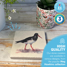 Load image into Gallery viewer, OYSTER CATCHER STONE COASTER | Stone Coasters | Animal novelty gift | Coaster for glass, mugs and cups| Square coaster for drinks | Beach gift | Meg Hawkins art | 10cm x 10cm