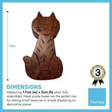 Load image into Gallery viewer, 4-piece Pussy Cat Wooden Puzzle Box | Wooden Cat Puzzle Box | Handmade wooden puzzle box | Handmade Wooden trinket secrets Box | Sustainable Shesham wooden hand carved box | 17cm (w) x 5cm (h)