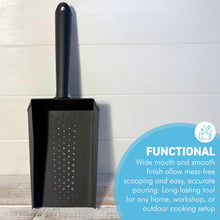 Load image into Gallery viewer, 𝗘𝗡𝗔𝗠𝗘𝗟𝗟𝗘𝗗 𝗦𝗧𝗘𝗘𝗟 𝗪𝗢𝗢𝗗𝗙𝗜𝗥𝗘 𝗣𝗘𝗟𝗟𝗘𝗧 & 𝗖𝗢𝗔𝗟 𝗦𝗛𝗢𝗩𝗘𝗟 | Matt Black Metal Scoop | 33cm (L) | Dust-Free | Easy Scooping | Durable | BBQ cooking