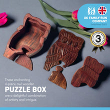 Load image into Gallery viewer, 4-piece Owl Wooden Puzzle Box | Wooden Owl Puzzle Box | Handmade wooden puzzle box | Handmade Wooden trinket secrets Box | Sustainable Shesham wooden hand carved box | 12cm (w) x 5cm (h)