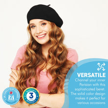 Load image into Gallery viewer, Black French Beret Hat | Classic wool hat | One size | French cap |  Fancy dress theme hat | Vintage French Beret solid colour | Unisex style ideal for men and women