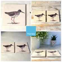 Load image into Gallery viewer, 2 x REDSHANK STONE COASTERS | Stone Coasters | Animal novelty gift | Coaster for glass, mugs and cups| Square coaster for drinks | Bird gift | Meg Hawkins art | 10cm x 10cm
