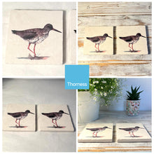 Load image into Gallery viewer, 2 x REDSHANK STONE COASTERS | Stone Coasters | Animal novelty gift | Coaster for glass, mugs and cups| Square coaster for drinks | Bird gift | Meg Hawkins art | 10cm x 10cm