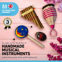 Load image into Gallery viewer, ROUND THE WORLD 4 PIECE MUSICAL INSTRUMENT GIFT BOX | A selection of Fair Trade percussion and wind instruments celebrating music from around the world | musical delights and global sounds from around the world.