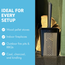 Load image into Gallery viewer, 𝗘𝗡𝗔𝗠𝗘𝗟𝗟𝗘𝗗 𝗦𝗧𝗘𝗘𝗟 𝗪𝗢𝗢𝗗𝗙𝗜𝗥𝗘 𝗣𝗘𝗟𝗟𝗘𝗧 & 𝗖𝗢𝗔𝗟 𝗦𝗛𝗢𝗩𝗘𝗟 | Matt Black Metal Scoop | 33cm (L) | Dust-Free | Easy Scooping | Durable | BBQ cooking