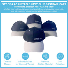Load image into Gallery viewer, Set of 4 Adjustable Navy-Blue Baseball Caps, Commodore, Engineer, First Mate and Crew, Nautical Boating Hats for Sailing, Yachting & Team Uniform