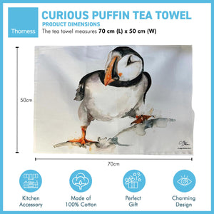 CURIOUS PUFFIN TEA TOWEL | 100% Cotton | Large kitchen towel for drying| Hand towel with group of Puffins | Puffin themed gift | Beach Gift | Cotton tea towel | 70 cm x 50 cm