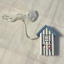 Load image into Gallery viewer, Light Blue and white beach hut light pull | Nautical Theme Wooden Beach Hut Cord Pull Light Pulls