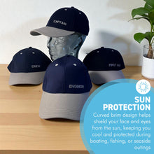 Load image into Gallery viewer, Set of 4 Adjustable Navy-Blue Baseball Caps, Engineer, Captain, Crew & First Mate, Nautical Boating Hats for Sailing, Yachting & Team Uniform