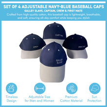 Load image into Gallery viewer, Set of 4 Adjustable Navy-Blue Baseball Caps, Galley Slave, Captain, Crew & First Mate, Nautical Boating Hats for Sailing, Yachting & Team Uniform