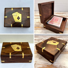 Load image into Gallery viewer, Elegant Black Wooden Playing Card Box with Brass Accents - Handcrafted Single Deck Storage