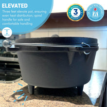 Load image into Gallery viewer, Cast Iron 3 Litre Dutch Oven pre-seasoned cooking pot with three feet | Spiral handle | Ideal for camping, cooking, baking and frying