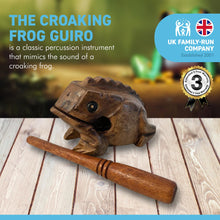 Load image into Gallery viewer, WOODEN CROAKING FROG GUIRO in a gift Box | Percussion Instrument | Fair Trade Percussion Instrument| Musical Instrument Sound Block | Childrens Musical Instrument| Frog| Wooden Frog