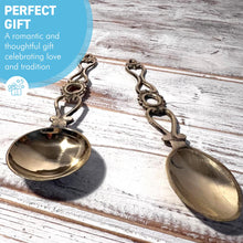 Load image into Gallery viewer, Set of 2 brass Love Spoons, decorative wedding tokens, rustic altar spoons, country kitchen decor, perfect housewarming gift