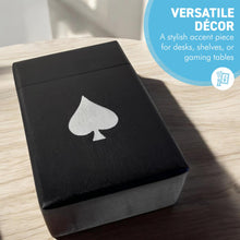 Load image into Gallery viewer, Handcrafted wooden playing card box in black with Ace of Spades design, stylish storage for card enthusiasts