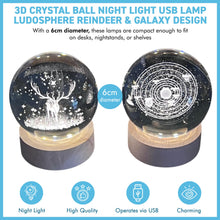 Load image into Gallery viewer, Set of Two 3D Crystal Ball Night Light USB Lamp with Galaxy and Reindeer designs, elegant modern illumination for any room
