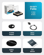 Load image into Gallery viewer, Refurbished Majority Folio 𝗕𝗘𝗟𝗧 𝗗𝗥𝗜𝗩𝗘 𝗥𝗘𝗖𝗢𝗥𝗗 𝗣𝗟𝗔𝗬𝗘𝗥 𝗪𝗜𝗧𝗛 𝗕𝗟𝗨𝗘𝗧𝗢𝗢𝗧𝗛 | Wooden Home Audio Vinyl Player with Integrated Stereo Speakers | USB Recording & Playback, AT3600L Cartridge, and Auto Stop Function | Majority Folio Tu