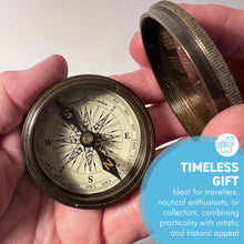 Load image into Gallery viewer, Vintage style reproduction 1920 Marine Pocket Compass with Robert Frost Poem, Antique Brass Finish, Distressed Look