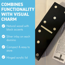 Load image into Gallery viewer, 𝗛𝗔𝗡𝗗𝗖𝗥𝗔𝗙𝗧𝗘𝗗 𝗪𝗢𝗢𝗗𝗘𝗡 𝗗𝗢𝗠𝗜𝗡𝗢 𝗦𝗘𝗧 with Silver Inlay and Acrylic Hinged Lid – Black & Natural Wood, Elegant Game Night Gift