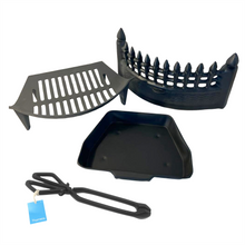 Load image into Gallery viewer, Premium 16" Cast Iron FIREPLACE GRATE SET – Complete Set with Castle Front, Ash Pan & Log Tongs for Classic Fireplaces