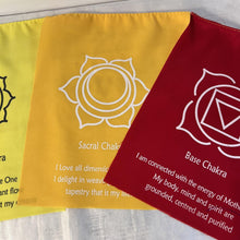 Load image into Gallery viewer, 7 Chakra bunting flags On A String With Affirmation 19 x 25 centimetres and are strung together on a 155-centimeter-long string
