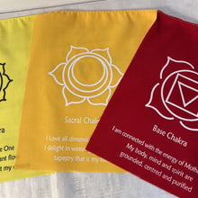 Load image into Gallery viewer, 7 Chakra bunting flags On A String With Affirmation 19 x 25 centimetres and are strung together on a 155-centimeter-long string