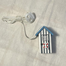 Load image into Gallery viewer, Light Blue and white beach hut light pull | Nautical Theme Wooden Beach Hut Cord Pull Light Pulls