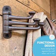 Load image into Gallery viewer, Cast Iron SWIVEL COAT HOOK Black 3-Hinge Wall & Door Mounted Vintage Style Hook