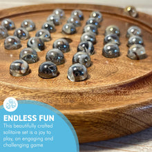 Load image into Gallery viewer, 22cm Diameter wooden SOLITAIRE BOARD GAME with CLEAR POLAR SWIRL GLASS MARBLES | classic wooden solitaire game | strategy board game | family board game | games for one | board games