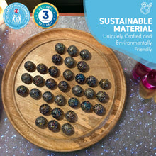 Load image into Gallery viewer, 30cm Diameter WOODEN SOLITAIRE BOARD GAME with GLITTERBOMB GLASS MARBLES | classic wooden solitaire game | strategy board game | family board game | games for one | board games