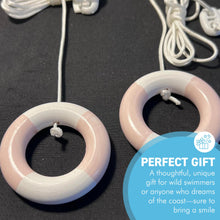 Load image into Gallery viewer, Set of 2 Nautical Wooden Cord Pulls with pink and white lifebuoy, Coastal Decor