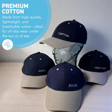 Load image into Gallery viewer, Set of 4 Adjustable Navy-Blue Baseball Caps, Captain, Bosun, First Mate & Crew, Nautical Boating Hats for Sailing, Yachting & Team Uniform