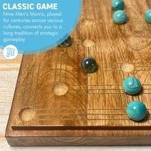 Load image into Gallery viewer, Nine Mans Morris marble game with wooden board | Quirky strategy solitaire marble game | includes 20 glass marbles and wooden board | 14cm x 14cm | Mill Game | Traditional wooden game