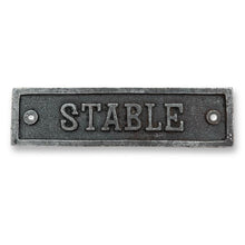 Load image into Gallery viewer, Cast iron antique style stable door plaque | horse stable | door decor |metal plaque | door sign | 15.5cm x 4cm
