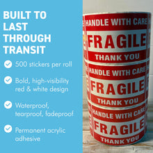 Load image into Gallery viewer, Three Rolls Premium Fragile Warning Stickers – Self-Adhesive “Fragile Handle with Care” Shipping Labels, 1000 Stickers per Roll, Bright Red & White, Waterproof & Tear-Resistant, for Boxes, Parcels & Packages