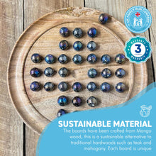 Load image into Gallery viewer, 30cm Diameter MANGO WOOD SOLITAIRE BOARD GAME with SPARKLY JUPITER GLASS MARBLES | |classic wooden solitaire game | strategy board game | family board game | games for one | board games