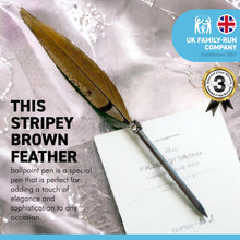 Load image into Gallery viewer, STRIPED, BROWN FEATHERED BALL POINT PEN | Feather Pen | Special Pen | Wizards Pen | Guest Book Pen | Wedding Pen