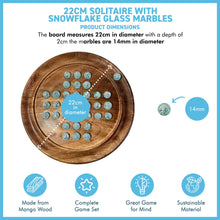 Load image into Gallery viewer, 22cm Diameter wooden SOLITAIRE BOARD GAME with SNOWFLAKE GLASS MARBLES | classic wooden solitaire game | strategy board game | family board game | games for one | board games
