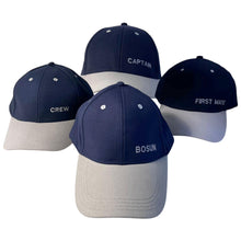Load image into Gallery viewer, Set of 4 Adjustable Navy-Blue Baseball Caps, Captain, Bosun, First Mate & Crew, Nautical Boating Hats for Sailing, Yachting & Team Uniform