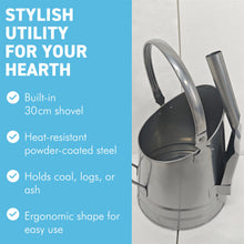 Load image into Gallery viewer, 𝗪𝗔𝗧𝗘𝗥𝗟𝗢𝗢 𝗦𝗧𝗬𝗟𝗘 𝗦𝗜𝗟𝗩𝗘𝗥 𝗙𝗜𝗡𝗜𝗦𝗛 𝗖𝗢𝗔𝗟 & 𝗔𝗦𝗛 𝗕𝗨𝗖𝗞𝗘𝗧 𝗪𝗜𝗧𝗛 𝗦𝗛𝗢𝗩𝗘𝗟 | H29cm x W22cm x D25cm | Heat-Resistant Metal Bucket for Fireplace | Log Burner or Stove | 𝗙𝗜𝗥𝗘𝗦𝗜𝗗𝗘 Accessory for Ash, Coal & Log Storage