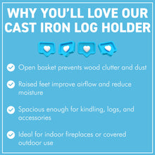 Load image into Gallery viewer, 𝗖𝗔𝗦𝗧 𝗜𝗥𝗢𝗡 𝗟𝗢𝗚 𝗛𝗢𝗟𝗗𝗘𝗥 𝗙𝗜𝗥𝗘𝗪𝗢𝗢𝗗 𝗕𝗔𝗦𝗞𝗘𝗧 𝗟𝟰𝟴 𝘅 𝗪𝟯𝟰 | Durable Fireside Log Storage Cradle | 4 Small Standing Feet for Fireplace | Wood Burner | Firewood Accessories | Tidy Hearth