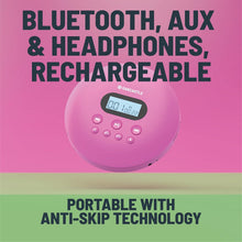 Load image into Gallery viewer, Pink Oakcastle CD100 RECHARGEABLE BLUETOOTH CD PLAYER | 12hr Portable Playtime | In Car Compatible Personal CD Player | Headphones Included, AUX Output, Anti-Skip Protection, Custom EQ, CD Walkman (Pink)