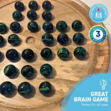 Load image into Gallery viewer, 30cm Diameter WOODEN SOLITAIRE BOARD GAME with SEA TURTLE GLASS MARBLES | classic wooden solitaire game | strategy board game | family board game | games for one | board games