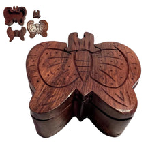 Load image into Gallery viewer, 4-piece Butterfly Wooden Puzzle Box | Wooden Butterfly Puzzle Box | Handmade wooden puzzle box | Handmade Wooden trinket secrets Box | Sustainable Shesham wooden hand carved box | 12cm (w) x 5cm (h)