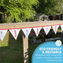 Load image into Gallery viewer, Cotton Lighthouse Bunting (195cm long) for Coastal Dรฉcor and Celebrations,12 Flags, Red & Blue Nautical Theme, Reusable & Washable