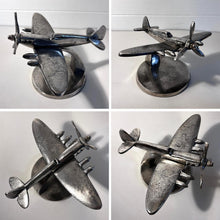 Load image into Gallery viewer, Distressed Silver Aluminum Spitfire Model Plane on Stand – Vintage Aircraft Decor Collectible