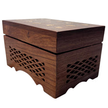 Load image into Gallery viewer, Handcrafted Sheesham Wood Keepsake Trinket Box with Brass Leaf Inlay on Lid & Intricate Jali Openwork Around Sides