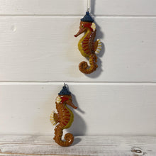 Load image into Gallery viewer, Pair of ceramic cute bobble hat Seahorse hanging ornaments | Light Pulls | Nautical Theme ceramic Cord Pull Light Pulls